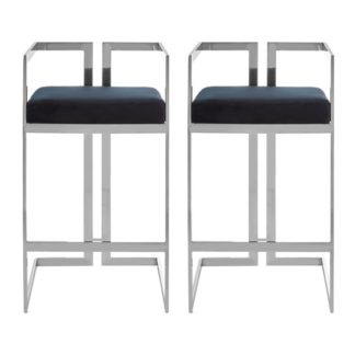 An Image of Azaltro Black Velvet Bar Stools With Silver Metalframe In Pair