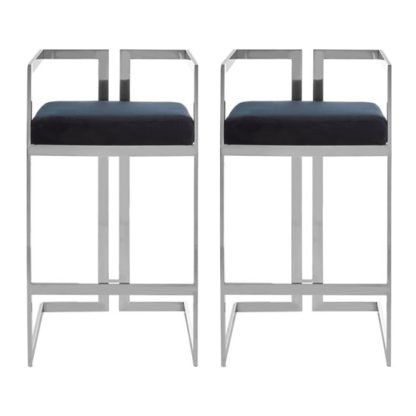 An Image of Azaltro Black Velvet Bar Stools With Silver Metalframe In Pair