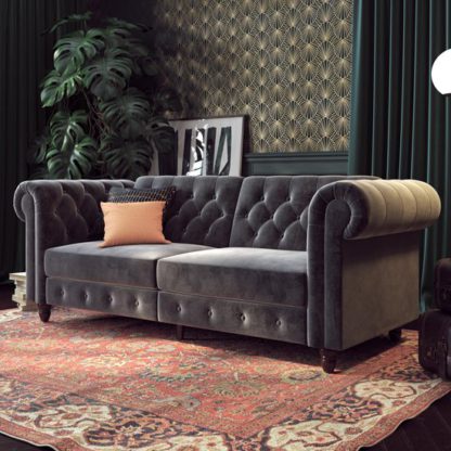 f3e8b0c539bf9f0d311e35a3921c1bbbdb44fc03bfb83f27caf0b0df754d5b86.jpg An Image of Felix Chesterfield Velvet Upholstered Sofa Bed In Grey