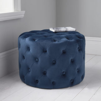 An Image of Brea Round Tufted Velvet Pouffe In Mystique Blue