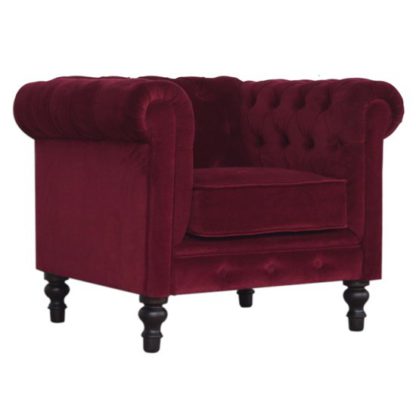 An Image of Aqua Velvet Chesterfield Armchair In Wine Red