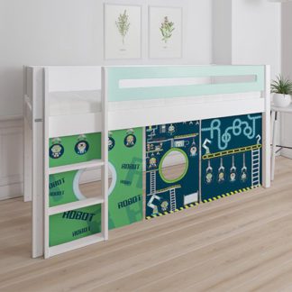 An Image of Morden Kids Mid Sleeper Bed In Azur Mint With Robot Curtain