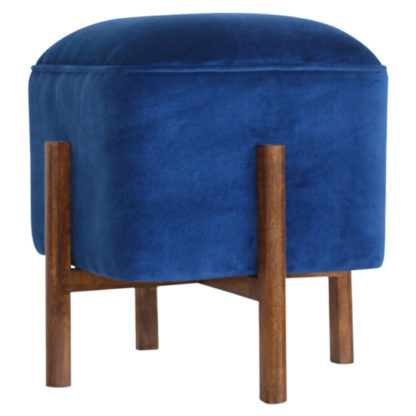 An Image of Clarkia Velvet Footstool In Royal Blue With Solid Wood Legs