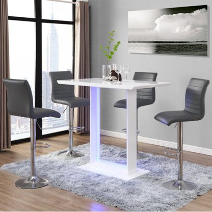 f757613be7d3e3e09837e25fe141a8bd81999eb08fa34e382b8b6bbfdc730bb5.jpg An Image of Atlantis LED White Gloss Bar Table And 4 Ripple Grey Stools