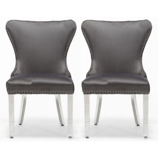 An Image of Floret Button Back Dark Grey Fabric Dining Chairs In Pair