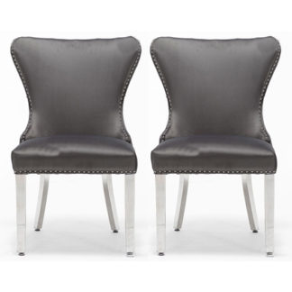 An Image of Floret Button Back Dark Grey Fabric Dining Chairs In Pair