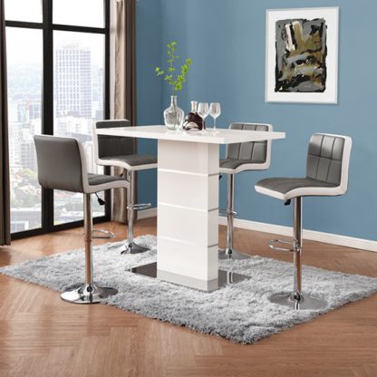 An Image of Parini Gloss Bar Table In White With 4 Copez Grey White Stools