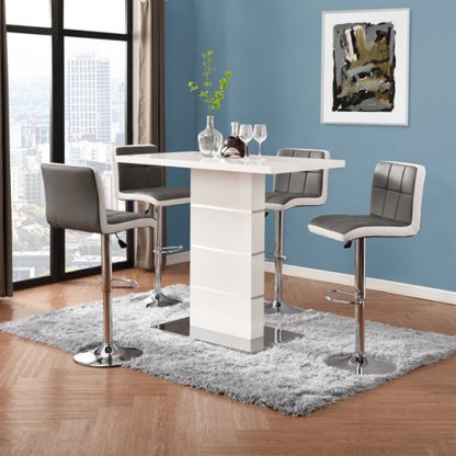 faa7757e7c96ebfbb037395e626a109bbfa307e6dbf22b01d182f14013ea7037.jpg An Image of Parini Gloss Bar Table In White With 4 Copez Grey White Stools