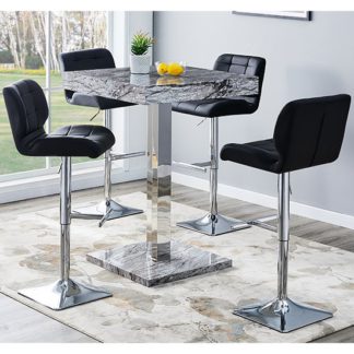An Image of Topaz Gloss Bar Table In Melange Marble Effect With 4 Candid Black Bar Stools