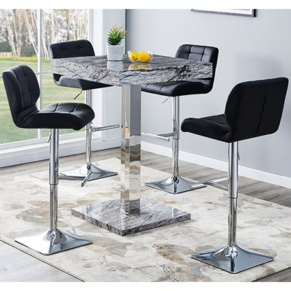faa8eeed1258e7def5961c114d75099a7bb35390cea2c1d176dc26d5e337ec5a.jpg An Image of Topaz Gloss Bar Table In Melange Marble Effect With 4 Candid Black Bar Stools