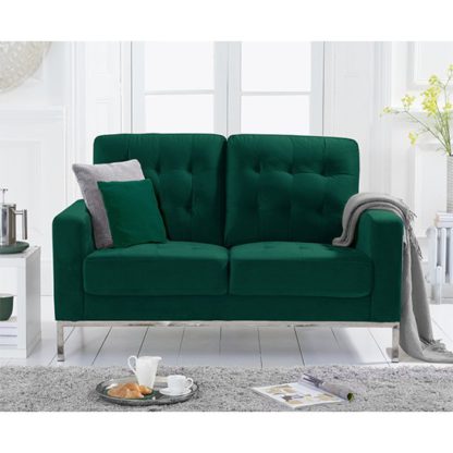 fae0b77a6ff38d8c40485df928535f2c9ae89d3a5d103977c66e28480e21519b.jpg An Image of Swiger Velvet Upholstered 2 Seater Sofa In Green