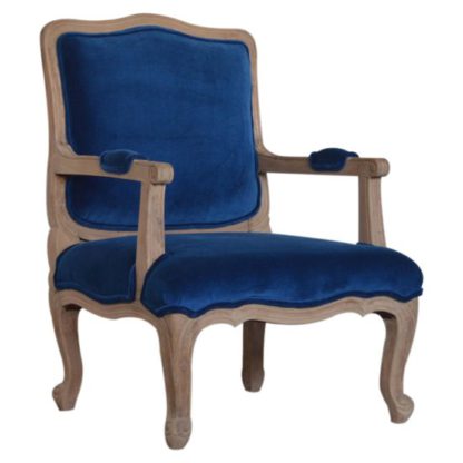 fdd9fdf14520cc5d21f50c3b7e11f5884b3fc29e512cd2d618f2315c37fe41a7.jpg An Image of Rarer Velvet French Style Accent Chair In Blue And Sunbleach