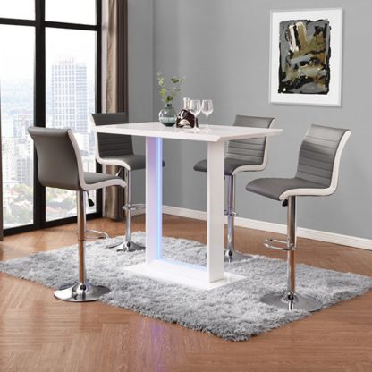 ffafc1c86e76521f0c5444ad4131175002deff690d616aa92885af65b10747dd.jpg An Image of Atlantis LED White Gloss Bar Table And 4 Ritz Grey White Stools