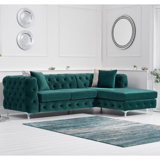 An Image of Bruket Velvet Right Handed Chaise Corner Sofa In Green