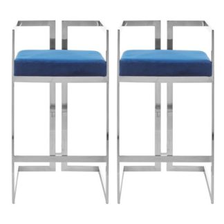 An Image of Azaltro Blue Velvet Bar Stools With Silver Metalframe In Pair