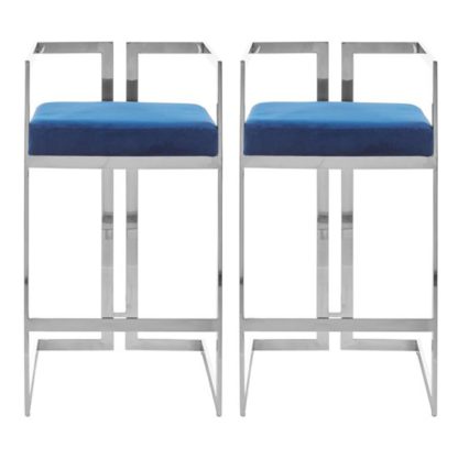 ffe6183059af0605bec237e4fb96645f7203e296bb99f988d57700c3190bb67b.jpg An Image of Azaltro Blue Velvet Bar Stools With Silver Metalframe In Pair