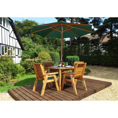 An Image of Charles Taylor 4 Seater Wooden Round Dining Set with Green Seat Pads and Parasol Brown