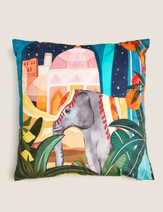 An Image of M&S Velvet Medium Elephant & Oranges Cushion