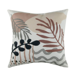 An Image of Embroidered and Print Leaf Cushion - Blush & Grey