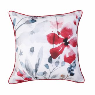 An Image of Painted Floral Cushion Red and Grey