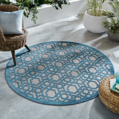An Image of Oro Blue Circle Geometric Indoor Outdoor Rug Blue and Brown