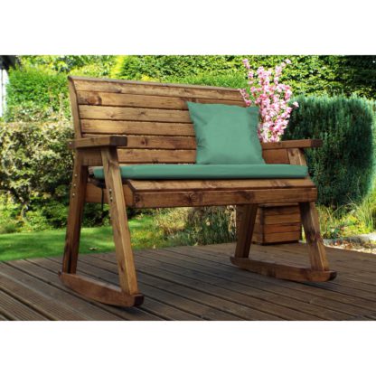 An Image of Charles Taylor 2 Seater Wooden Rocking Bench with Green Seat Pads Brown