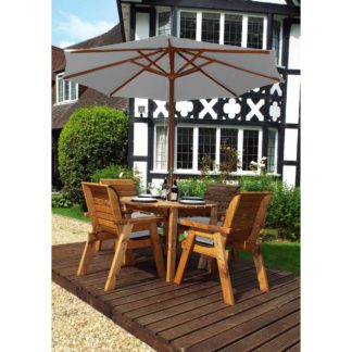 An Image of Charles Taylor 4 Seater Round Dining Set with Grey Seat Pads and Parasol Wood (Brown)