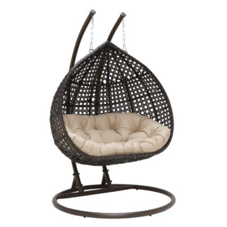 An Image of Willow Hanging Garden Chair in Brown Weave and Beige Fabric