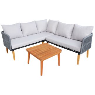 An Image of FSC Acacia and Rope 4 Seater Grey Corner Lounger Set Light Grey