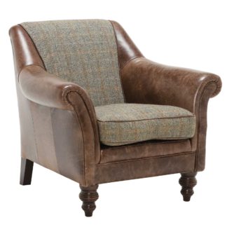 An Image of Harris Tweed Leather Dalmore Accent Chair, Bracken Herringbone