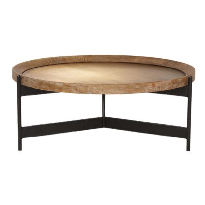 An Image of Zeke Round Coffee Table, Light Brass and Oak