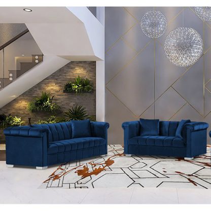 An Image of Kenosha Velour Fabric 2 Seater And 3 Seater Sofa In Navy