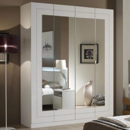 An Image of Kinsella Mirrored Wardrobe In Laquered White With Four Doors