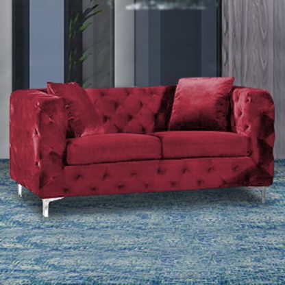 An Image of Mills Malta Plush Velour Fabric 2 Seater Sofa In Red