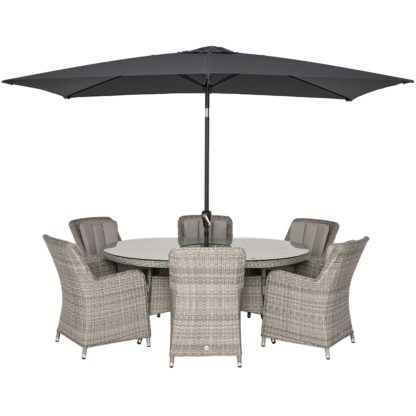 An Image of Hathaway 6 Seat Oval Garden Dining Set in Light Grey Weave and Grey Fabric