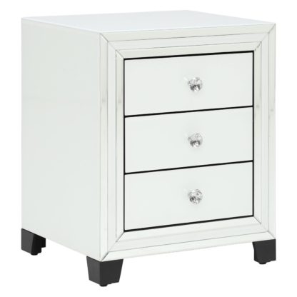 An Image of Krystal 3 Drawer Bedside Cabinet, White Glass and Mirror