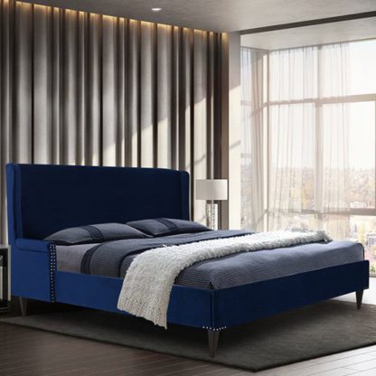 An Image of Scottsbluff Plush Velvet Double Bed In Blue