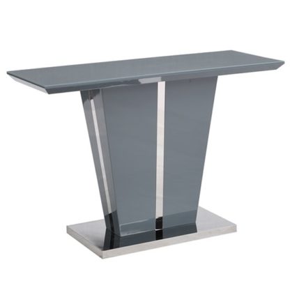 2d1ef256b8b4108492125b02d72600778efcb32095e4951239afdb7eaf4d341d.jpg An Image of Memphis Glass Bar Table In High Gloss Grey And Chrome Base