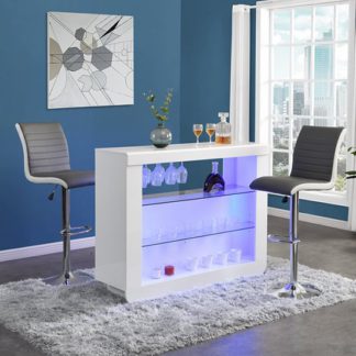An Image of Fiesta White High Gloss Bar Table With 2 Ritz Grey White Stools