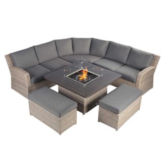 An Image of Calvia Garden Curved Corner Sofa Set in Driftwood Weave with Espresso Fabric