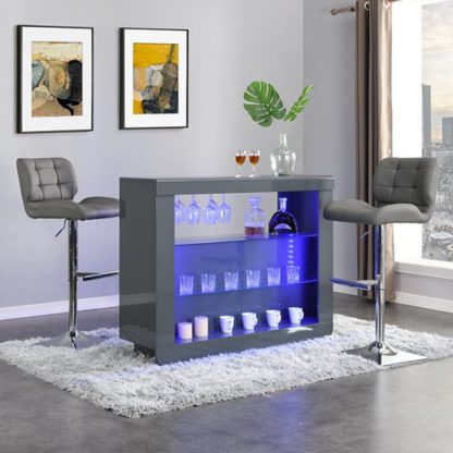 An Image of Fiesta Grey High Gloss Bar Table With 2 Candid Grey Stools