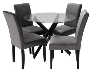 An Image of Argos Home Ava Glass Dining Table & 4 Velvet Chairs - Grey
