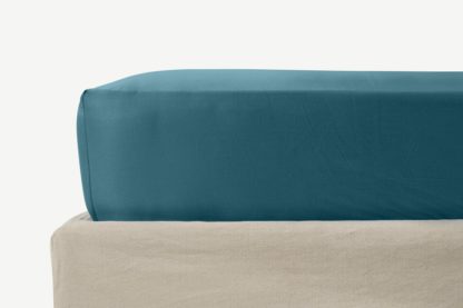 An Image of Hylia Washed Cotton Satin Fitted Sheet, King, Teal Blue