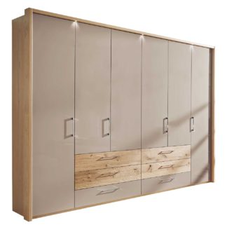 An Image of Olvera 6 Door Hinged Wardrobe, Balken Oak and High Gloss Taupe