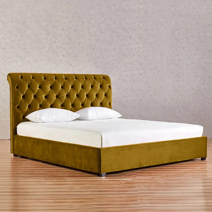 3967ebf4e6d8d2d9a6e4b17b607f78f371aa487ee11c2175b354b241aa9440de.jpg An Image of Kalispell Plush Velvet Single Bed In Mustard