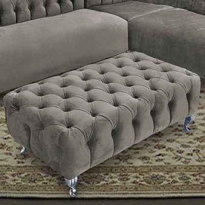 An Image of Huron Malta Plush Velour Fabric Footstool In Putty