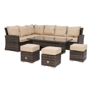 An Image of Kersey Corner Garden Dining Set With Rising Table in Brown Weave and Beige Fabric