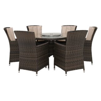 An Image of Canoga Park 6 Seat Round Garden Dining Set in Brown Weave and Beige Fabric