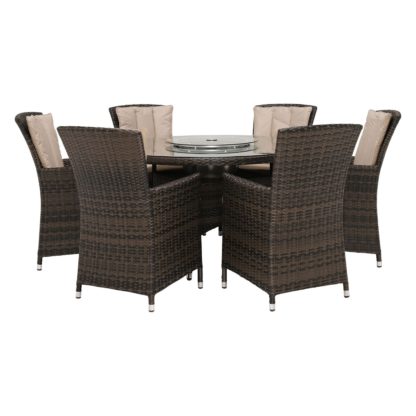 An Image of Canoga Park 6 Seat Round Garden Dining Set in Brown Weave and Beige Fabric