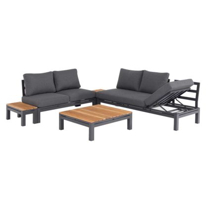 4278b4a806d664b3fb46e88e69b9541feeaedcd648de5accb150e325e0dcad1d.jpg An Image of Stockholm Reclining Corner Garden Set in Aluminium, Teak and Charcoal